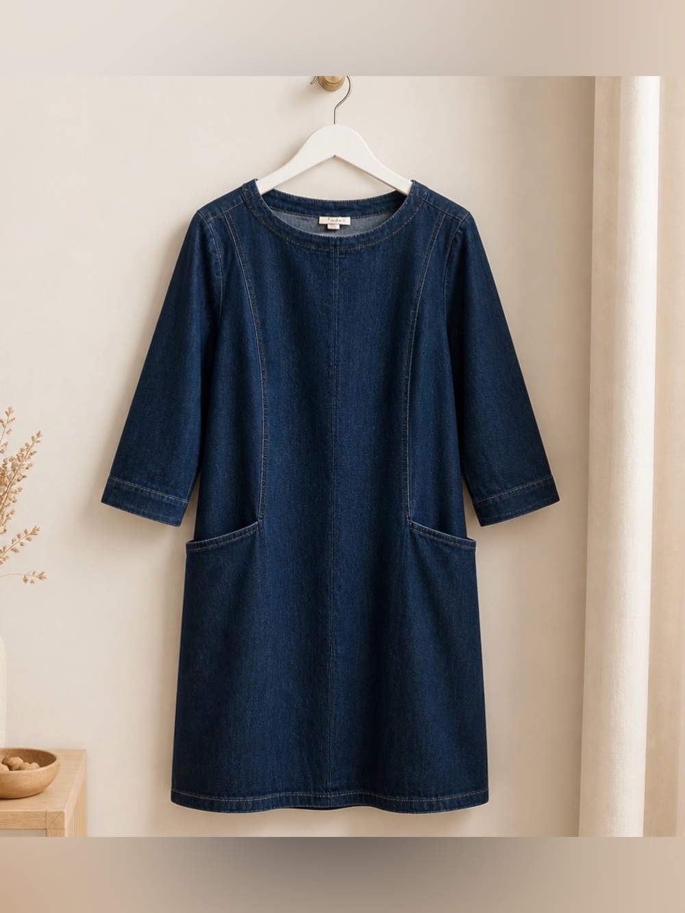 Classic Indigo Denim Midi Dress with Front Pockets